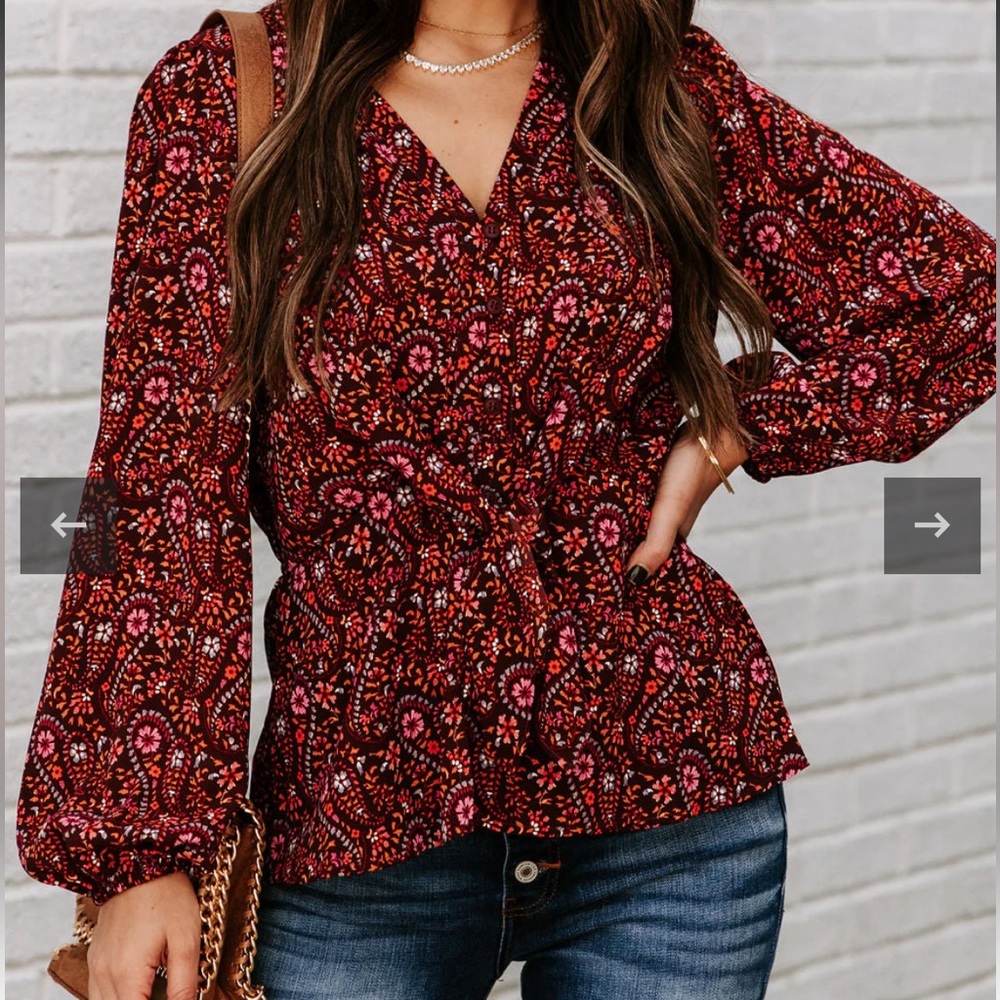 Skies are Blue Burgundy Paisley Long Sleeve Blouse